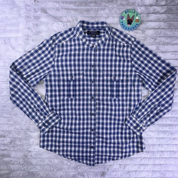 Filson Tops - C.C. Filson Shirt Womens Large Kadin Island Blue Plaid Band Collar Shacket BD LS